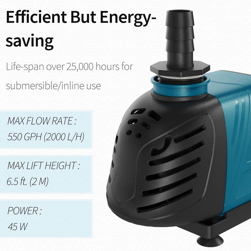 Uniclife Aquarium 550 GPH Submersible and Inline Water Pump 45W 6.5ft High Lift AC 120 V Quiet Compact Return Pump with 6 ft. Power Cord for Fish Tanks Pond Waterfalls Fountains Sumps and Gardens - Image 3